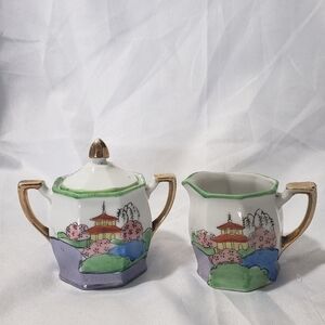Vintage Japanese Lusterware Sugarbowl and Creamer Set Oceanside Scene Made Japan